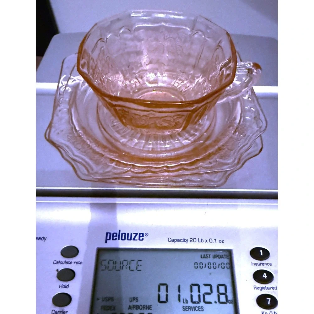 Anchor Hocking Mayfair Open Rose Cup, 2 Saucers Pink Depression Glass 1930s